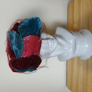 Vintage Hat (Fascinator?) Velvet Leaves Netting. Maroon, Teal, Pink